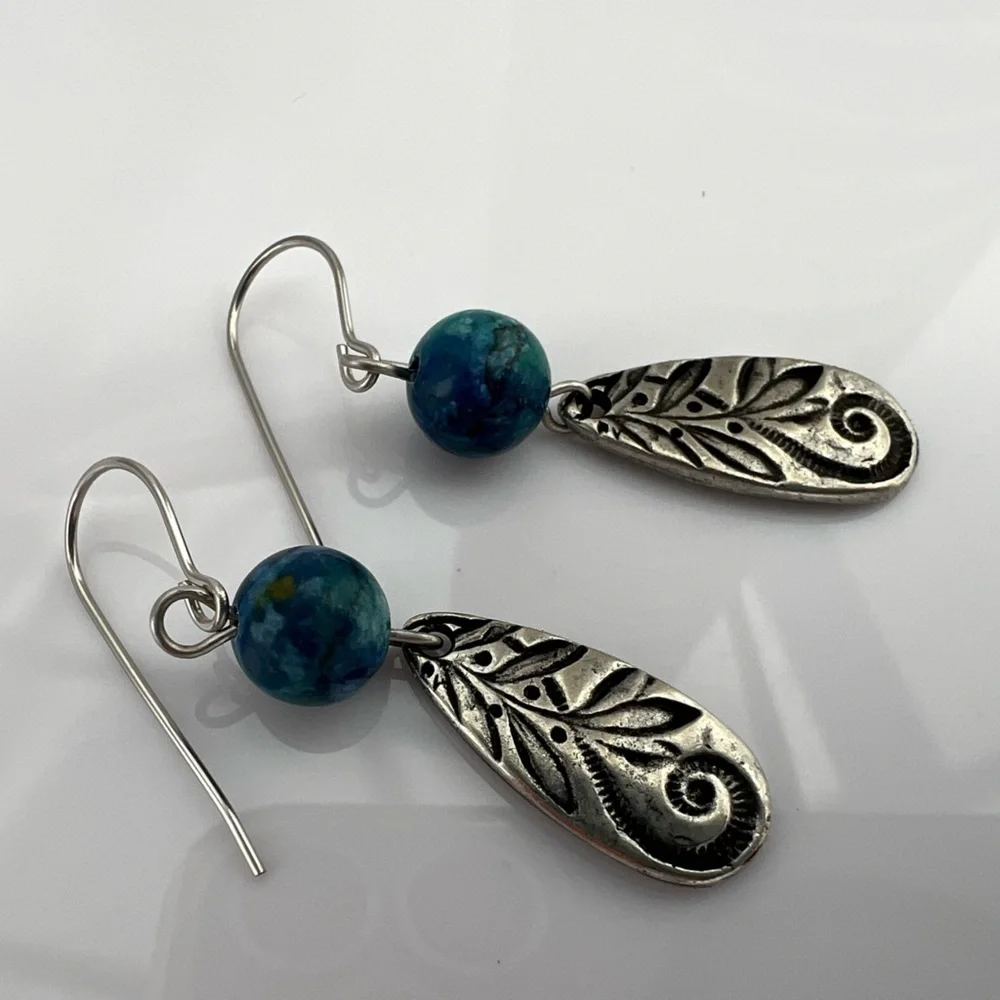 BLUE Peacock Turquoise Earrings with Teardrop Silver Charms